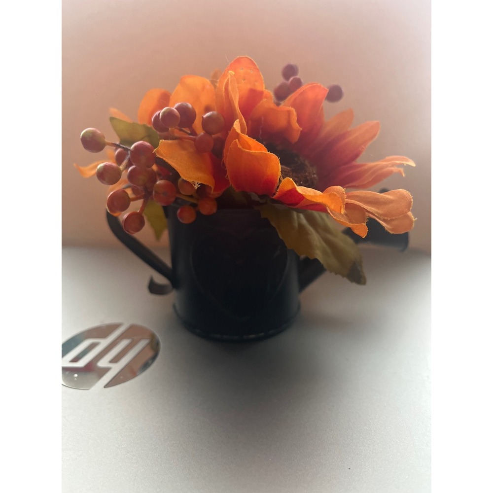 Miniature Fall Sunflower Arrangement in Black Watering Can Autumn Decor